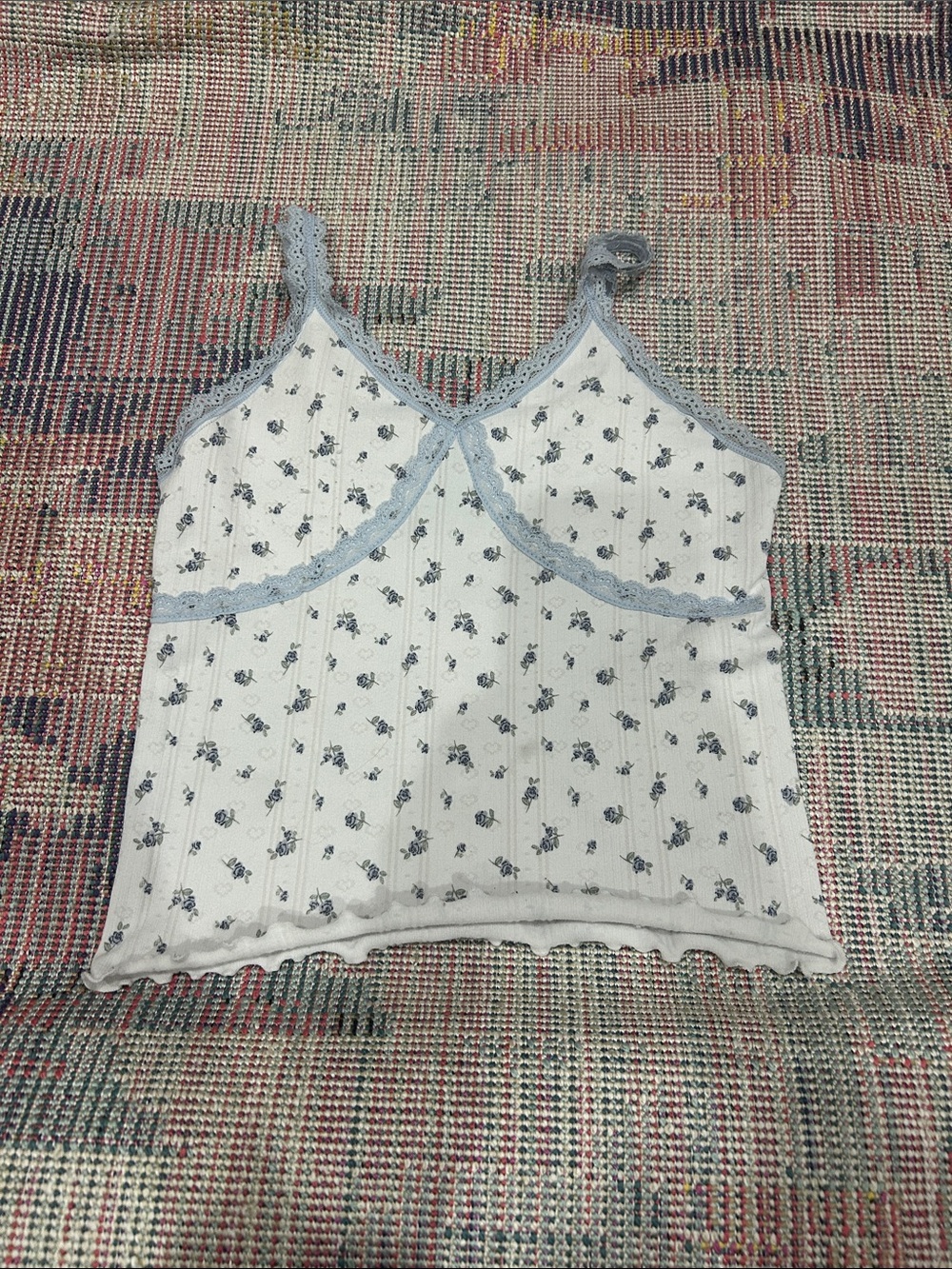 Women's Blue Floral Lace-Trim Camisole Top